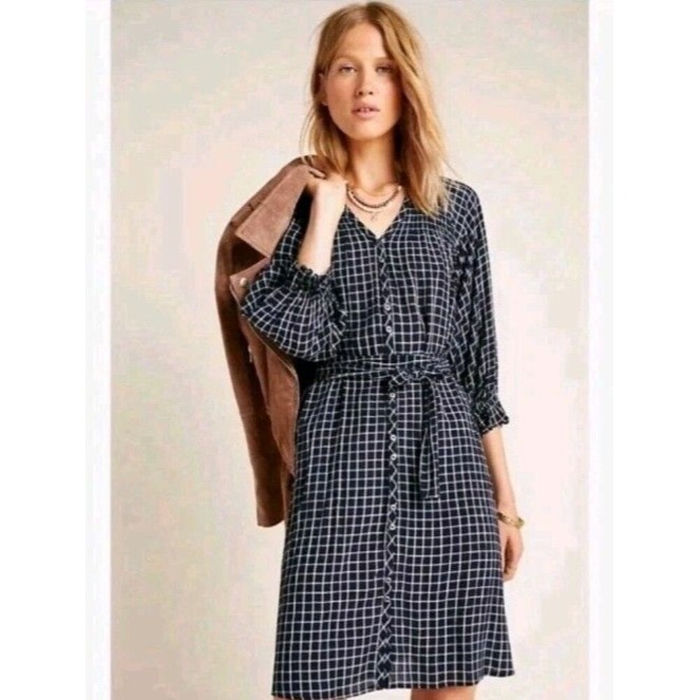Anthropologie Maeve Dress Size Small S Sara Black Window Pane Viscose Smocked